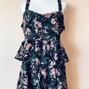Arula Black & Pink Velvet Floral Sleeveless Tiered Maxi Dress